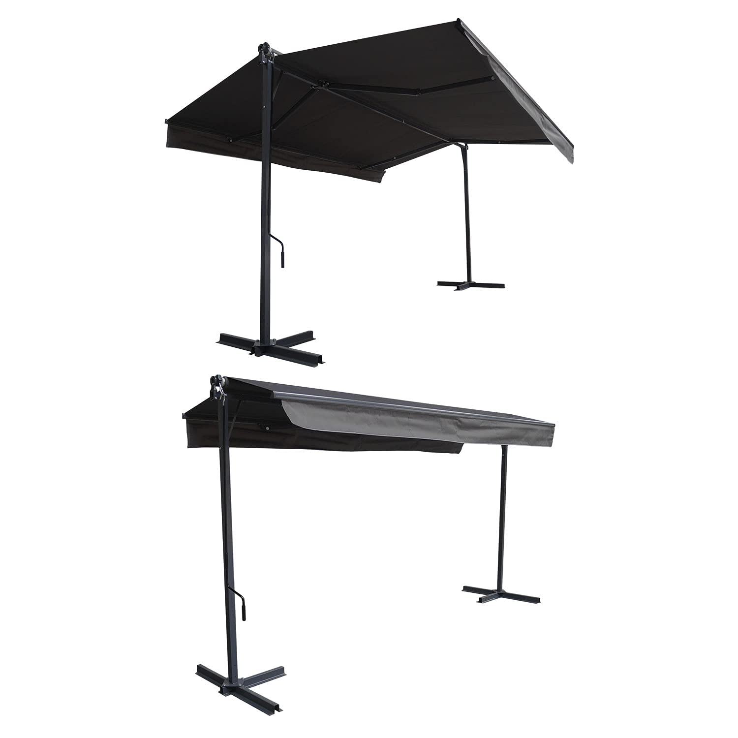 Store Double Pente Frene sur Pieds de Dimensions 3,95 x 3 m, Toile Anthracite et Structure Grise