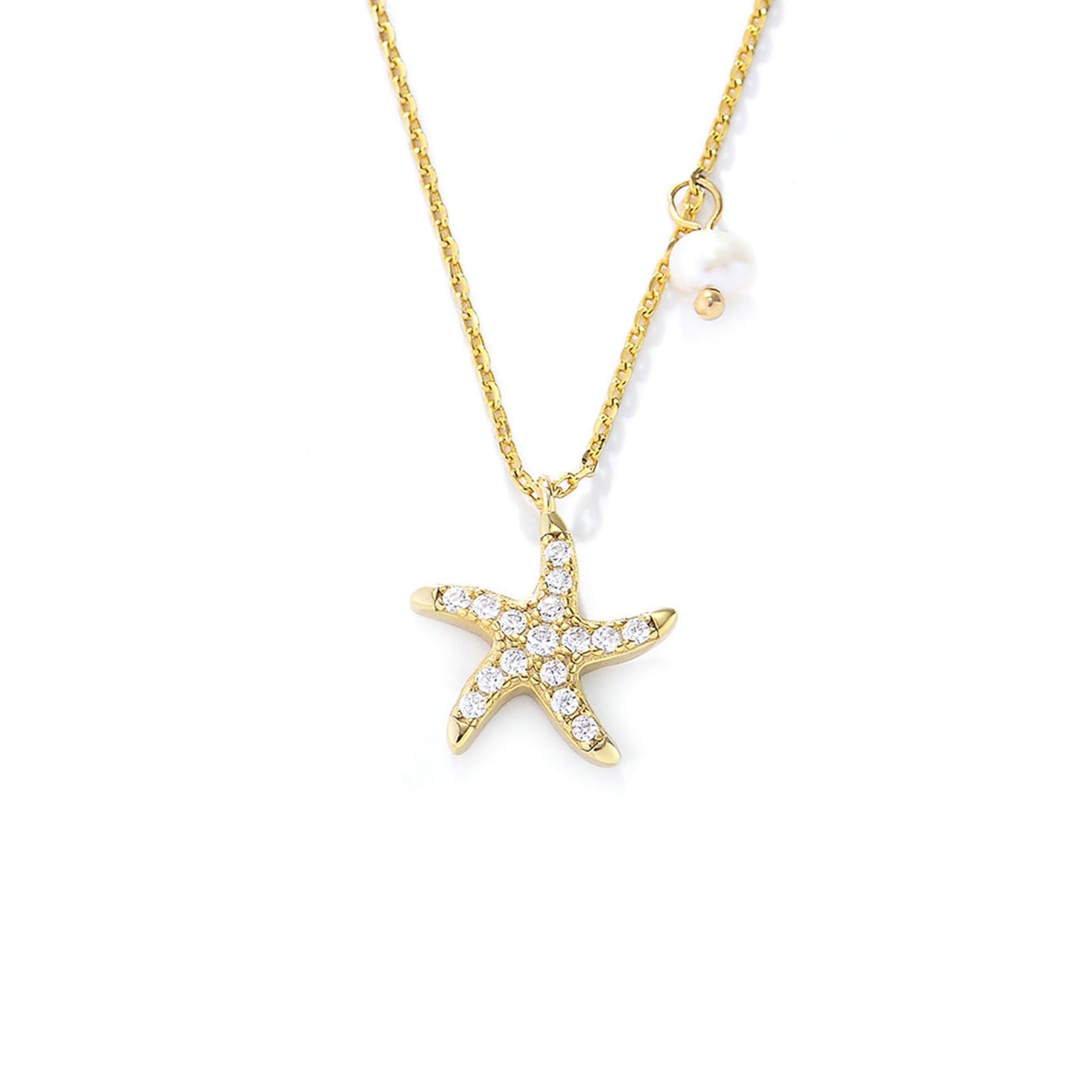Collar con colgante de oro de 9 quilates, 14 quilates y 18 quilates para mujer, colgante de estrella de mar con diamante, cadena de oro 375, 585, 750, 45 cm, joyería real