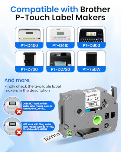 Image of TZe-241 18mm 0.7 Laminated White Tape Replace for Brother Label Maker Tape 18mm Label Tape Compatible with P-Touch TZ TZe 3 /4 inch Black on White TZE241 for PTD410 PT-D400 PT-D610BT PTD600 Refills,4 Pack