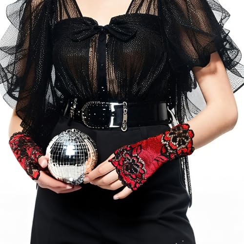 2 Pairs Women Short Lace Gloves 80s Opera Evening Wedding Sunblock Fingerless Bridal Floral Gloves for Halloween3