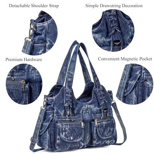 Image of Designer Denim Handbags for Women Hobo Tote Bag Crossbody Denim Purses Blue Jean Shoulder Bag