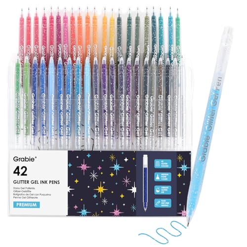 Grabie 42 Capped Glitter Gel Pen Set, 18 Iridescent&24 Essential Color Pens, Smooth Rollerball Tip, Metallic Sparkly Gel Pens for Coloring, Set of 42 Gel Pens Colored
