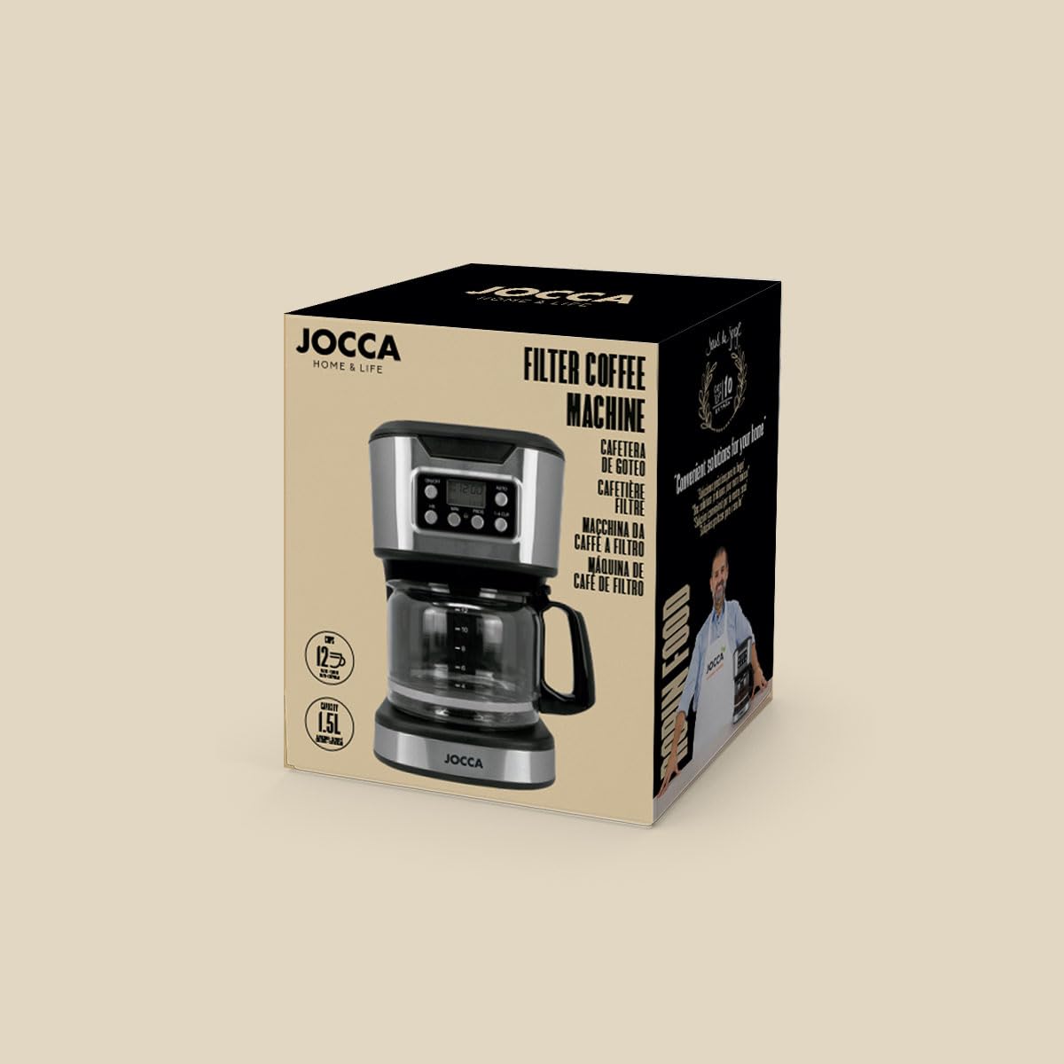 Jocca - Cafetera de Goteo Digital 1500 ml 900W | 12 Tazas | Jarra de Cristal | Filtro Lavable | Placa Calefactora | Temporizador | Función Pausar y Servir