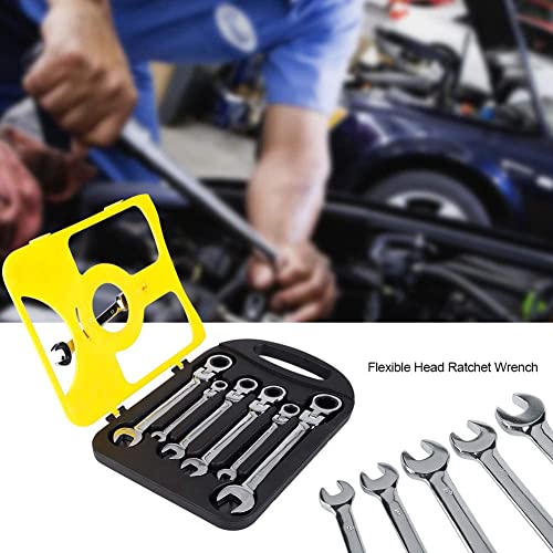 Image of Combination Ratchet Spanner Set, 7Pcs Flexible Head Multi-Functional Ratchet Combination Spanner Wrench 8-19mm Repair Tools Set with Open End Spanner and Carry Case for Cars Bicycles