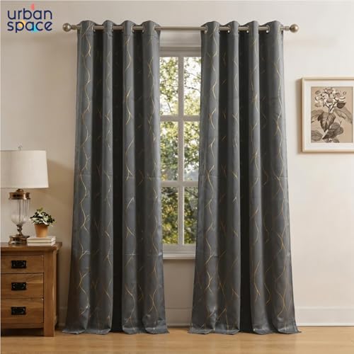 Image of Urban Space 80-85% True Blackout Curtains for Door, Gold Foil Printed Blackout Curtains, Blackout Decorative Door Curtain Eyelet with Tieback, 1 Piece Curtain for Living Room(Wave Stone Gray, 7 Feet)