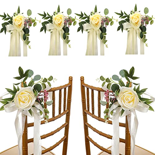 HANTURE 6Pcs Wedding Aisle Chair Decorations Yellow Rose Floral Back Flowers with Leaves and Ribbons Church Bench Pew for Ceremony Decor, Yellow(6pcs), 18.11x10.62 inch