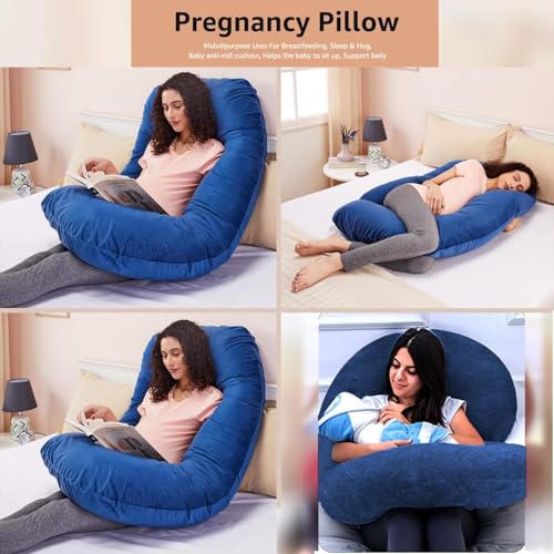 Image of Amazon Basics Full Body Pregnancy Pillow for Maternity,Baby Nursing,Full Body Support-|Perfect Baby Shower Gift|J-Shaped-Washable Cover with Zip - Navy Blue, Velvet