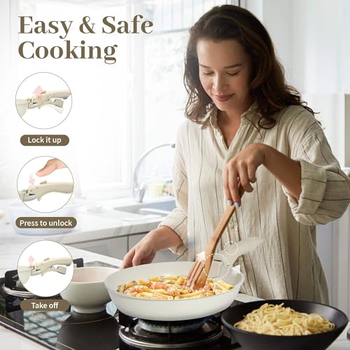 Image of House of Quirk Maifan Stone Nonstick Cookware Set 5-Piece | Detachable Handle Pots & Pans | Stackable, Induction & Oven Safe Kitchen Set (Granite Beige)
