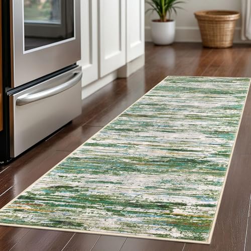 2x5 Green Grey Multi Modern Abstract Runner Rug for Hallway, Super Soft Hallway Decor Kitchen Rugs with Non-Slip, Non-Shedding Washable Rug for Hallways Entryway Bedroom Laundry Indoor
