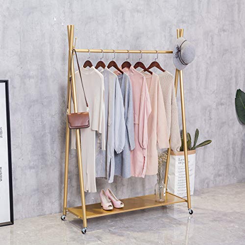 FURVOKIA Modern Simple Heavy Duty Metal Rolling Garment Rack with WheelRetail Display Clothing RackIron Floor-Standing Shoes Bags Clothes Organizer Storage Shelves Gold 472 L