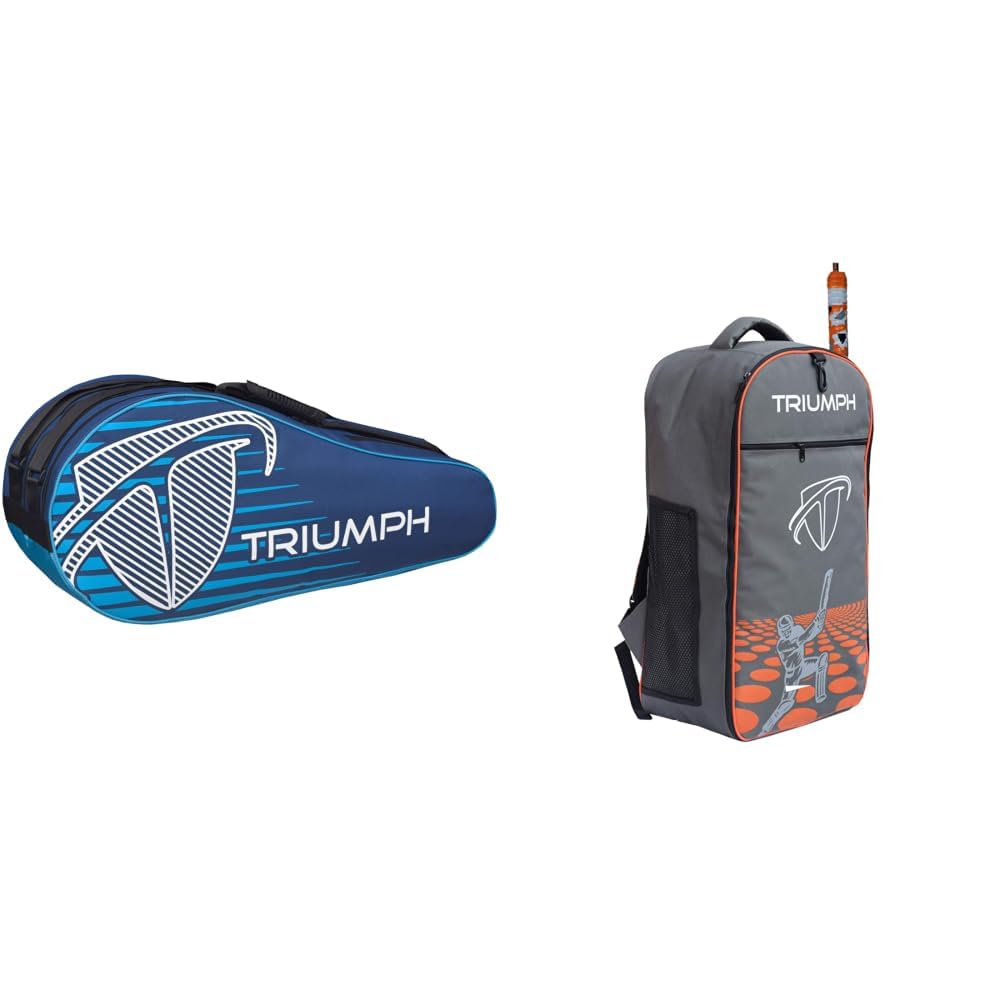 Triumph Stroke Badminton Kit Bag Navy Blue/Sky Blue + KB-2020 Cricket Backpack Full Padded Grey/Orange Bag Size 27X8X14-image-26