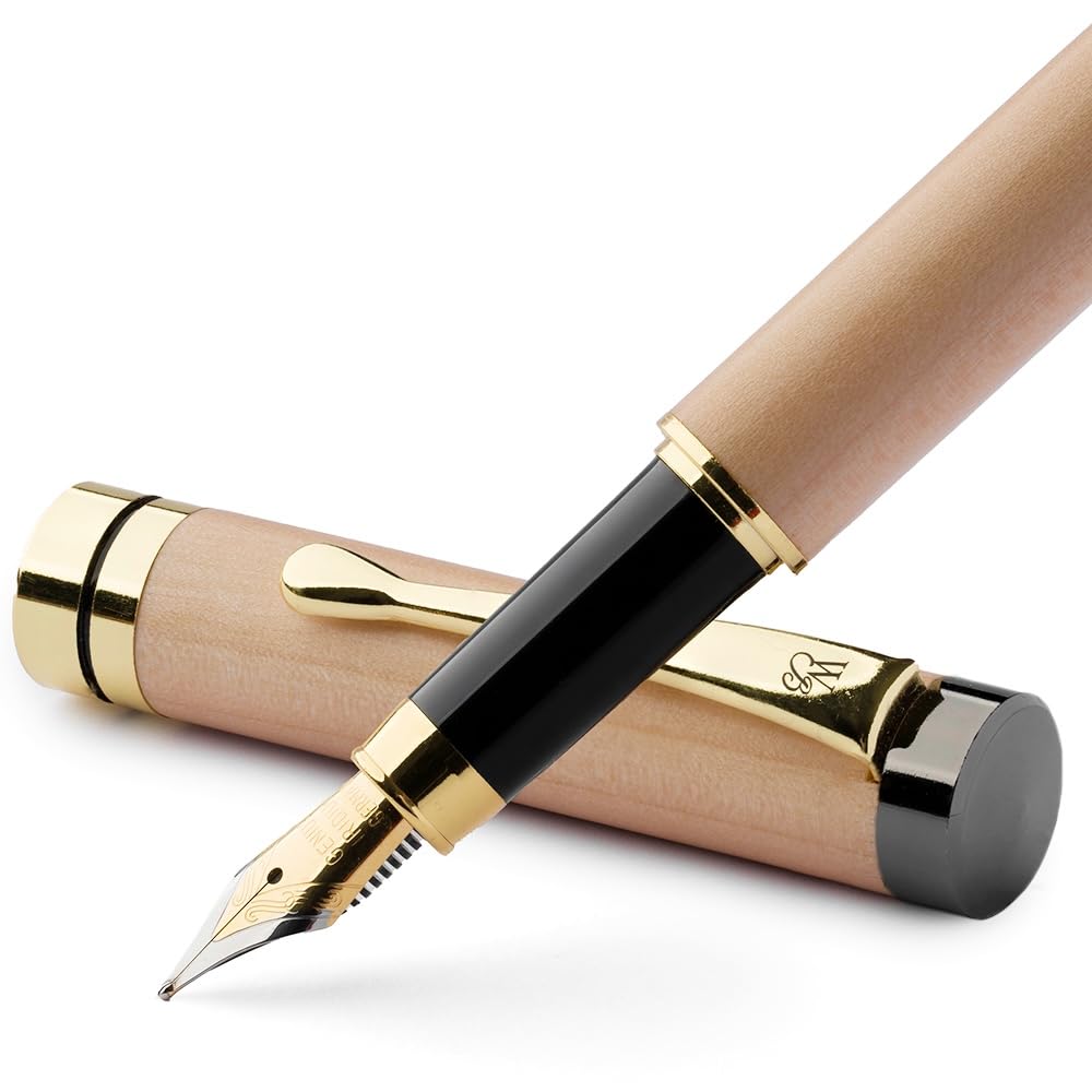 Wordsworth & Black Premium Wood Fountain Pen - Crest (Maple Wood) | 6 Fountain Pen Ink Cartridges (Black and Blue) | 24K Gold Finish | Medium Nib with 18K Gold Plated | Suitable for Both Men and Women