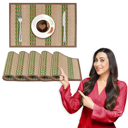 Image of HOKIPO AR2817 Heat Resistant Wooden Placemats Set of 6 Dining Table Mats, 45x30 cm, Green