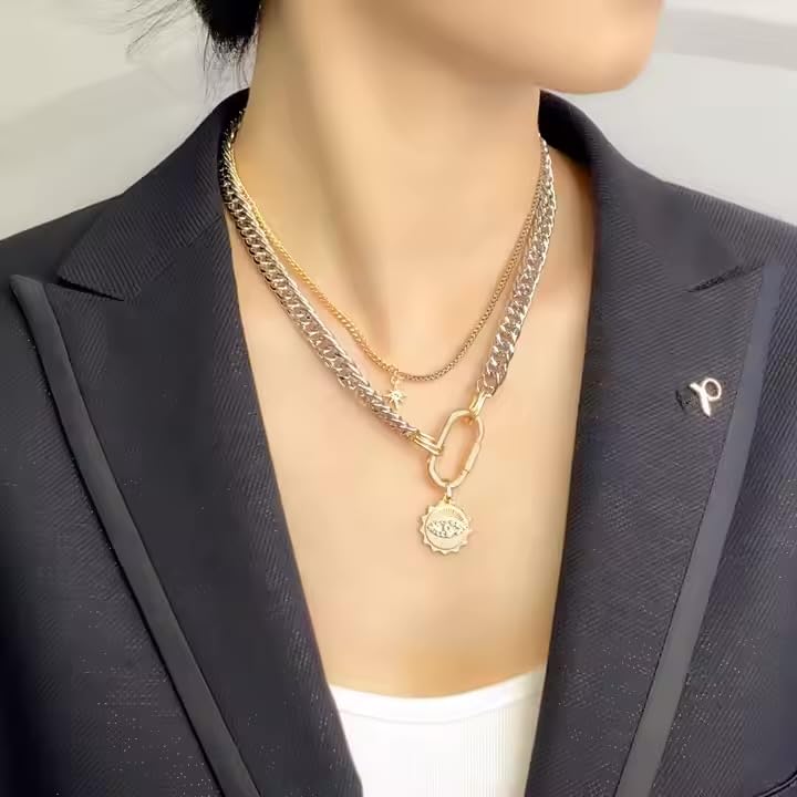 Whispering Meadows Evil Eye Necklace With Sun Pendant for Women - 18" Cuban Link Chain, Non-Tarnish 14K Gold Plated, Mixed Antique Silver and Gold, Layered Jewelry for Protection and Style2