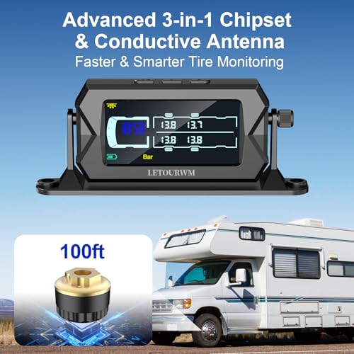 Tire Pressure Monitoring System for RV Truck Trailer, 4 Sensors TPMS, 0-15 Bar/217 PSI, 3-Level Bright LCD with Time Display, Type-C & Solar Charging, 7 Smart Alerts for RV/Trailer/Truck IP68 - Image 5