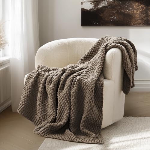 EVERGRACEHOME Chunky Chenille Knit Throw Blanket for Couch Soft Luxurious Moss Stitch Blankets for Bed Cozy Decorative Farmhouse Knitted Throws for Sofa Mocha Brown 50 x 60