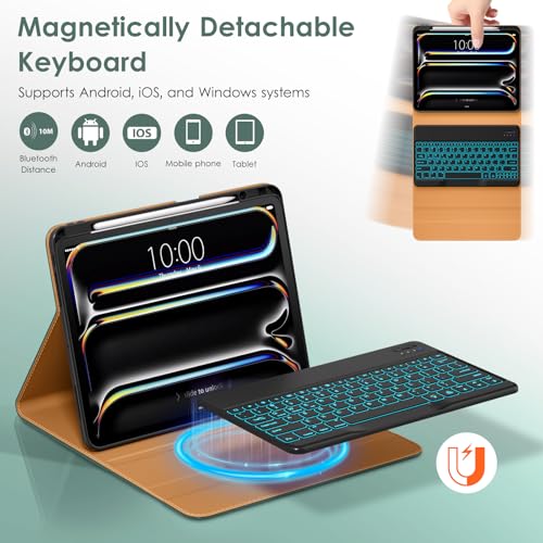 Image of DTTO for iPad Pro 13 Inch Case with Keyboard M5 /M4 2025 /2024, 7 Colors Backlit Wireless Detachable Keyboard Premium Leather Folio Cover with Pencil Holder & Pocket, Midnight Green