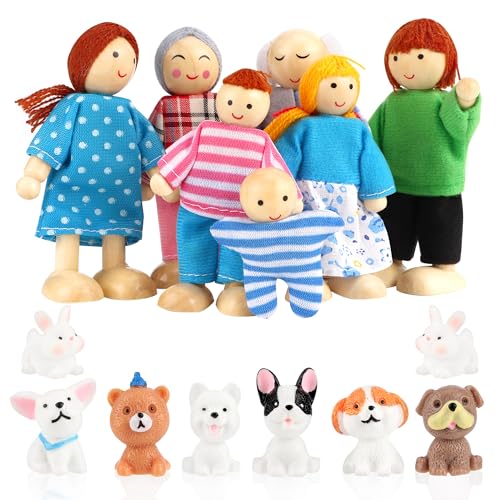 YiliYa Famille de Poupées en Bois Set,15 Pièces Marionnettes en Bois Jouet Poupée Familiale Mini Poupées Articulées Poupées Familiales Accessoires