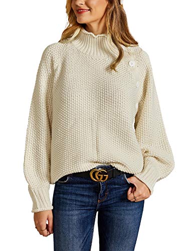 imesrun Womens Button Turtleneck Oversized Sweaters Long Sleeve Chunky Knit Pullover Jumper Beige Large 12/14
