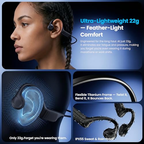 Image of Bone Conduction Headphones, Bluetooth 5.4 Open-Ear Sport Headset with Mic, 10H Playtime, IP55 Waterproof, 22g Lightweight Skin-Friendly Headphones for Gym, Cycling & Running