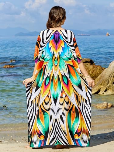 Image of sunforyou Kaftan Dresses for Women Plus Size Lightweight Swimsuit Cover up Batwing Sleeve Print Loungewear Beach Robe