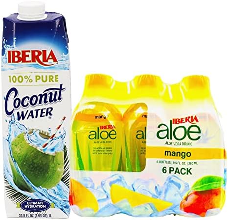 Iberia Coconut Water, 33.8 fl oz + Iberia Aloe Vera Juice Drink With Aloe Pulp, Mango, 9.5 Fl Oz, Pack of 6