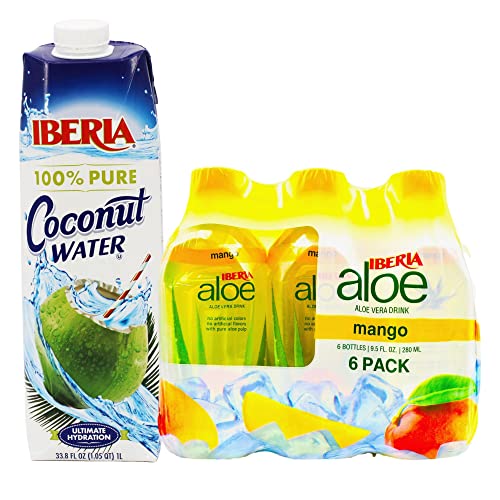 Iberia Coconut Water, 33.8 Fl Oz + Iberia Aloe Vera Juice Drink With Aloe Pulp, Mango, 9.5 Fl Oz, Pack Of 6 #TOP30