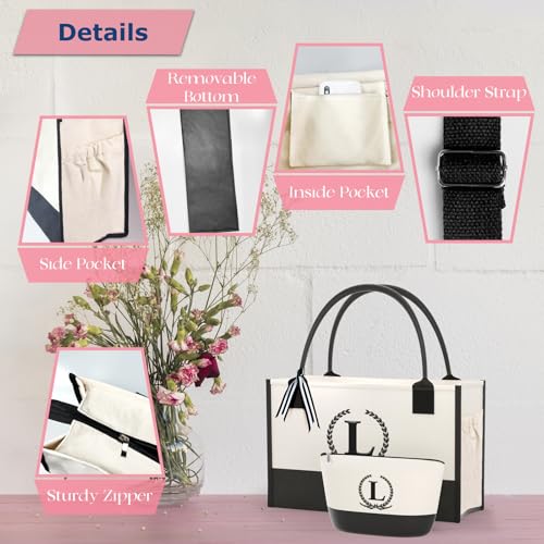 Monogrammed Canvas Tote Bag with Zipper Pockets - Ideal Gift for Mom, Teacher, Sister3