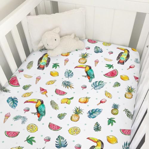 Image of Watercolor Summer Toucan Baby Crib Sheets 52''x28'' Lemon Pineapple Watermelon Tropical Leaves Snug Fitted Crib Mattress Sheet for Boy Girl Soft Nursery Bed Sheets for Standard Crib Toddler Mattress