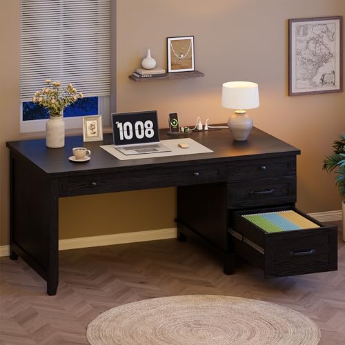 GAOMON 54.5in Wooden Executive Desk with Drawers, Office Desk Computer Table with Charging Station, Farmhouse Home Office Desk with File Cabinet Stora