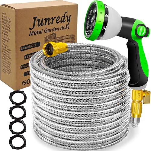 50FT Stainless Steel Metal Garden Hose with 10 Function Nozzle