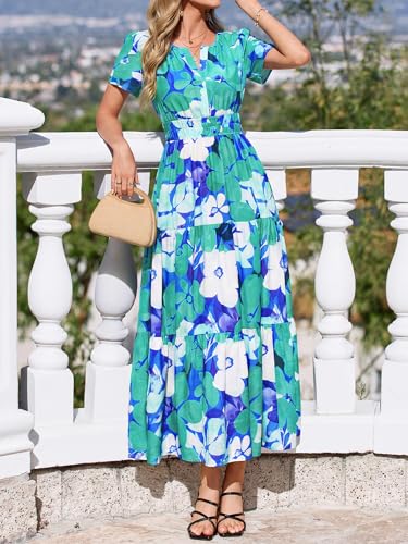 Image of BTFBM Womens Summer Floral Maxi Dresses V Neck Short Sleeve Boho Casual Flowy Long Wedding Guest Dress Beach Vacation