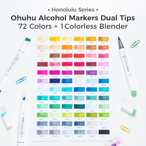 Image of Ohuhu Alcohol Markers Brush Tip - Double Tipped Art Marker Set for Artist Illustration - 72 Colors - Chisel & Brush Dual Tips - Honolulu - Refillable, Multi-Coloured