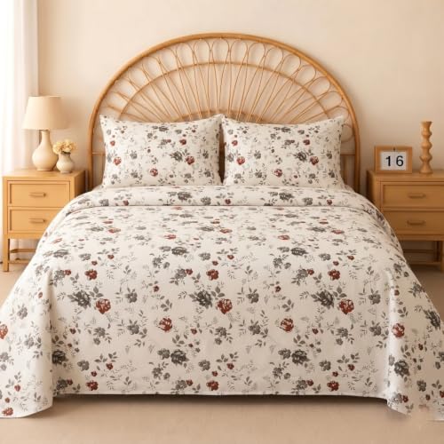 Image of IVAZA 240 TC Soft Ezyption Cotton Floral Print King Size Bedsheet - with 2 Pillow Covers, Hypoallergenic, Brethable, (Size- 90 x 90 Inch) Grey Flower
