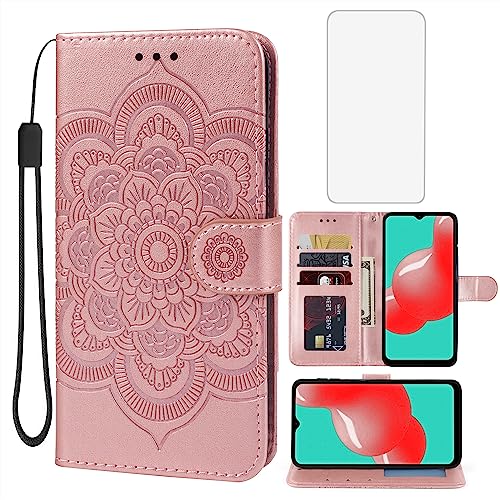 Bohefo Case for Galaxy A32 4G Case, Samsung A32 SM-A325F Wallet Case with Tempered Glass Screen Protector, Mandala Leather Flip Credit Card Holder Stand Phone Cover for Samsung Galaxy A32 4G Rose Gold