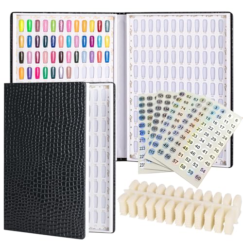 Acycoin2A Professional 216 Nail Colors Chart Dip Powder Card with 240 Tips and Nail Polish Number Sticker Label (Black)