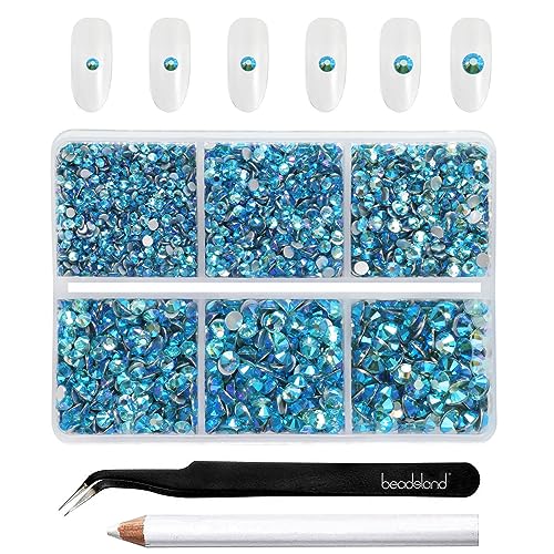 Image of Beadsland 4300pcs Flatback Rhinestones,Blue Rhinestone Nail Gems Round Crystal Rhinestones for Crafts,Mixed 6 Sizes with Picking Tweezers and Wax Pencil Kit, SS6-SS20,Aquamarine AB
