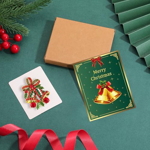 image for FERVENT LOVE Vintage Christmas Bowknot Double Bells Brooch with Green 