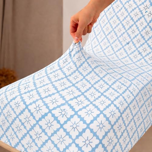 Image of HOMETHREADS Stretchable Elastic Jacquard Chair Seat Cover and Waterproof Dining Table Cover | Removable,Washable & Durable Chair Protector |for Dining Room (F Blue, 4Chairs+1Table Cover (150X180))