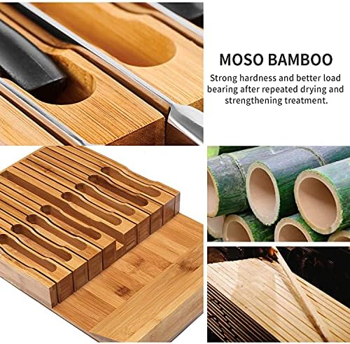 in-Drawer Knife Block,Bamboo Knife Drawer Organizer Insert, Kitchen Knife Drawer Storage for 16 Knives Plus a Slot for Your Knife Sharpener (Without Knives)