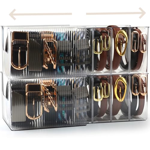 AUOIKK Clear Belt Organizer Extendable, 2 Pack Acrylic Belt Storage Holder with Adjustable Dividers, Belts Storage Container for Drawer and Closet Organization