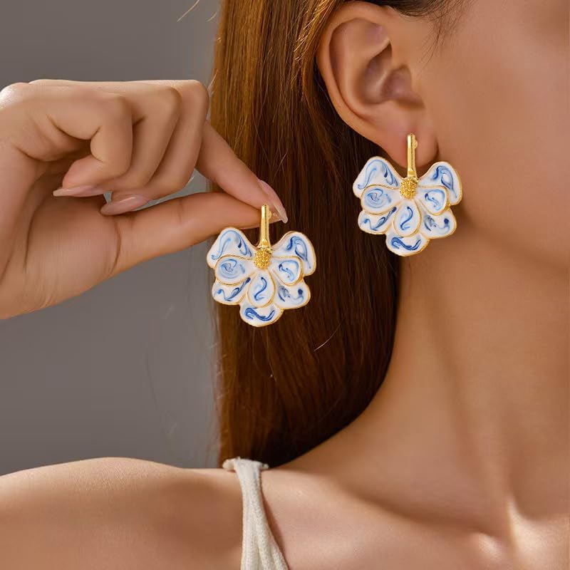 Flower Earrings for Women Blue and White Floral Earrings Trendy Large Statement Earring Irregular Petal Stud Earring Unique Jewelry - Image 3