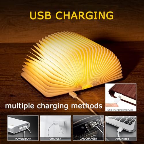 Image of PLUSPOINT Foldable Book Lamp Wooden Paper LED Mood Light, USB Rechargeable Night Light, Bedside Wooden Table Lamp, Home Decor, Office Gift for Book Lovers