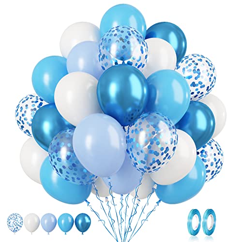 Image of Blue & White Balloons Set - 60 Metallic Blue & White Confetti Balloons for Helium - Boys, Men, Baby Shower, Wedding Party Supplies