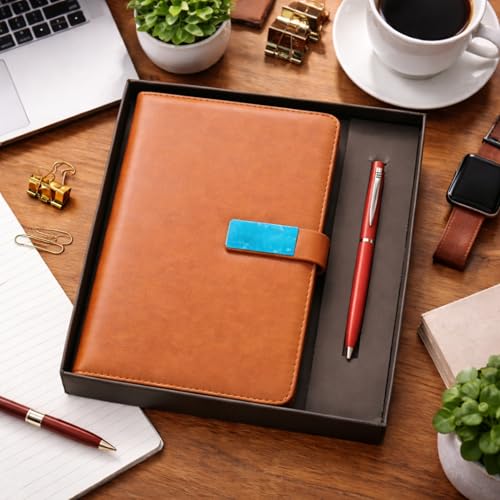 Image of Diary & Pen Gift Set with Magnetic Closure, Vegan Leather Notebook with Classic Ball Pen, 192 Pages 80 GSM Ivory Paper for Office Corporate Gift (Tan)