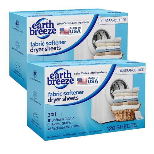 Earth Breeze Fabric Softener Dryer Sheets – Fragrance Free, Hypoallergenic, No Harsh Chemicals, Safe for Sensitive Skin – Static Cling & Wrinkle Reducer – Gentle Fabric Care – Made in USA (2 Pack)