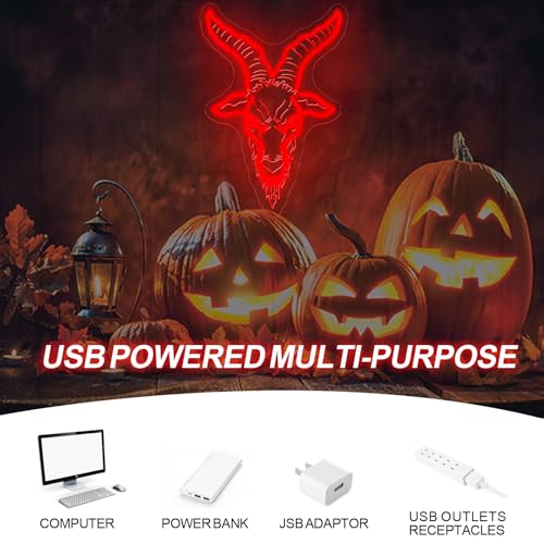 Image of Baphomet Neon Sign Gothic Dark Led Light Satan Wall Decor | Black Goat Wall Art Dark Art Gothic Home Decoration USB Powered Dimmable Halloween Decor Gift for Goth Lover 16.5 inchx11.4 inch