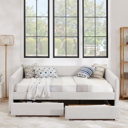 KEIKI Queen Size Linen Upholstery Daybed with 2 Drawers, Modern Style Tufted Corner Sofa Bed Frame with Solid Wooden Slats, Easy Assembly, No Box Spring Required, for Living Room, Bedroom, Beige