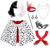 Akokvlar 8 PCS Halloween Costumes for Women Dalmatian Shawl with Gloves Wigs Mask Earrings Headband Set (White, Onesize)