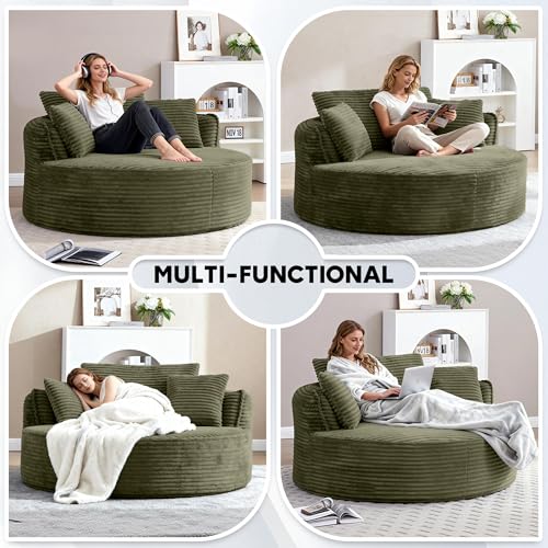 Image of Oversized Round Chair Lounge Chaise Indoor, 53.5 inch Upholstered Corduroy Deep Seat Single Cloud Sofa Chair, Fluffy Modern Large Circle Boneless Sleeper Sofa for Living Room, Bedroom, Green